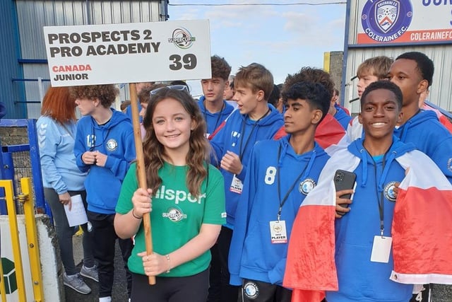 Young footballers from Canada joined the Supercup NI opening parade alongside 64 other teams who formed part of the procession. Credit CCGB Council