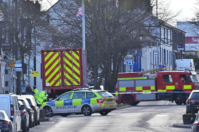 Police and emergency services at the scene on Moira Main Street on Wednesday, March 8. Picture: Pacemaker