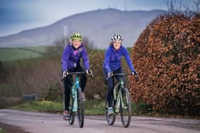 Andrea Harrower (48) from Dromara and her sister Cathy Booth (46) from Hillsborough cycled 480 miles in just 48 hours non-stop in aid of pancreatic cancer charity NIPANC and in memory of their loved ones Paddy and Natalie. Pic Credit: NIPANC