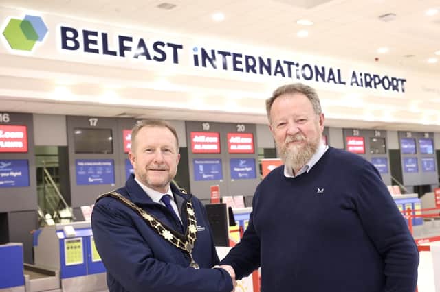 Mayor of Antrim and Newtownabbey, Ald Stephen Ross, alongside Belfast International Airport Managing Director, Graham Keddie