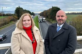Alliance Party representatives David Honeyford MLA, the party’s Infrastructure spokesperson, and Lisburn and Castlereagh Councillor Gretta Thompson have called for upgrades to the A1 to move forward. Pic credit: Alliance Party