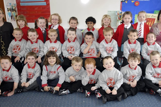 Posing for our photographer are new primary one pupils at St John the Baptist Primary School in 2007.