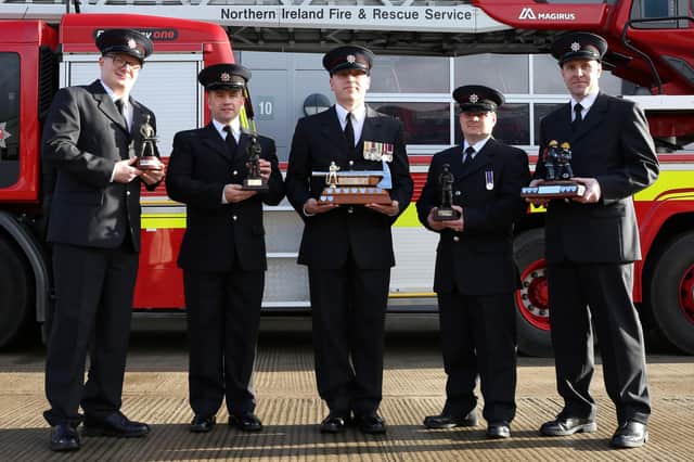Road Traffic Collision Trainee winner, Firefighter Ben Porter; On-Call to Wholetime Trainee winner, Firefighter Sean Clark; Top Trainee winner, Firefighter Alastair Bowler; Trainee runner-up, Firefighter Kyle Harron; and Breathing Apparatus Trainee winner, Firefighter Nigel Watt.