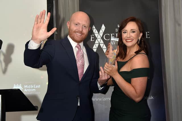 The winner of the award for Best New/Start-Up Business was Emily's Playroom. The award was picked up by Fiona Sloan and presented by compere for the evening, BBC weatherman, Barra Best. LT48-201