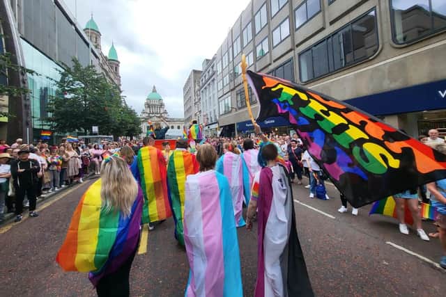 The Perfectly Prideful and Allies group taking part in the Belfast Pride parade supported by the Resurgam Trust, Resurgam youth Initiative and the Connected Minds youth committee