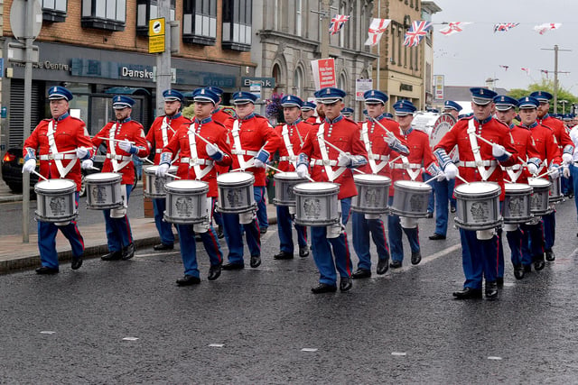 Portadown Defenders drummers on parade in Portadown town centre on Friday night. PT34-226.