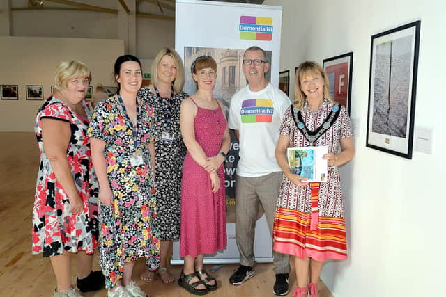 Lord Mayor of ABC Council, Alderman Margaret Tinsley, right, pictured at the opening of an exhibition entitled, 'Real Lives, The Art Of Living With Dementia' at Millennium Court Arts Centre on Friday. Also included are from left, Geraldine Lawless, Millenium Court Company manager; Rachel Molloy, Dementia NI; Ashley Davis, Dementia NI; Susan O'Connor, business development manager, Millennium Court, and Gerard Doran, Dementia NI member. PT37-200. Picture: Tony Hendron