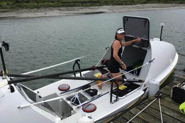 Lurgan native Linda Blakely on her boat, Ulster Warrior, which she plans to row 3000 miles across the Atlantic Ocean in a bid to beat the women's solo record and raise more than £100k for charity.