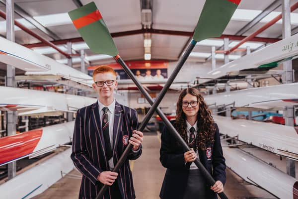 Ryan Totten and Brooke Reeves of Coleraine Alumni Rowing Club welcome the news the club is a recipient of the Fibrus ‘Play it Forward’ sports fund. The club is using the funds to purchase new oars for its youth section. Credit David Cavan