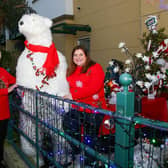 Clara and Cathy Smyth with 'Tucker' the polar bear at the Christmas garden near Carrick Marine.  Photo: Jackie Henry