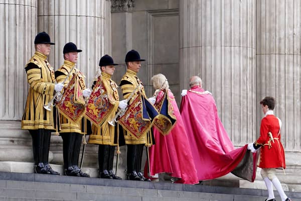 The King and Queen arriving at a service for the Order of the British Empire at St Paul's Cathedral, London.  The Cathedral can no longer sell commemorative memorabilia relating to the event to Northern Ireland. Photo: Jordan Pettitt/PA Wire