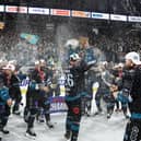 Belfast Giants' celebrate after defeating Cardiff Devils in Wednesday night's final at the SSE Arena, Belfast. Photo by William Cherry/Presseye