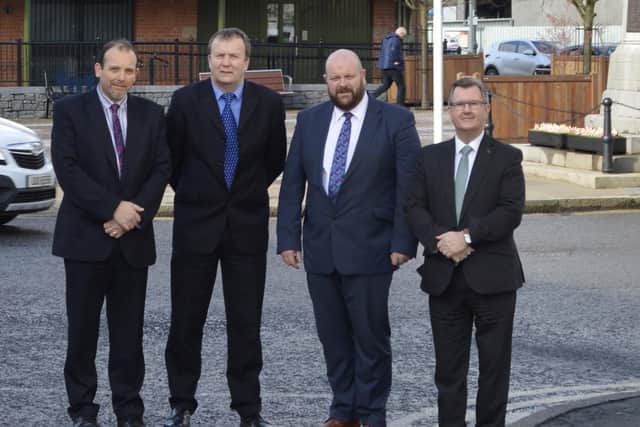 Deputy Lord Mayor of Armagh, Banbridge and Craigavon Council Councillor Tim McClelland, former MLA Alderman Paul Rankin and the DUP group leader on council Alderman Mark Baxter with their party leader  Sir Jeffrey Donaldson.