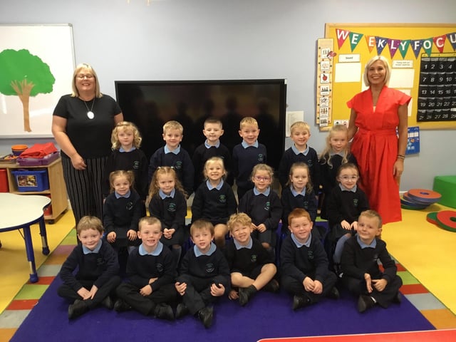 Mrs Nesbitt's P1 class at Tandragee Primary School pictured with Mrs Bennett, classroom assistant.