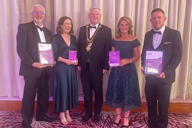 Mayor of Causeway Coast and Glens, Councillor Steven Callaghan pictured at the Advancing Healthcare Awards 2023 with Hugh Nelson, Head of Community Wellbeing NHSCT; Clare Galway, Paediatric Health Improvement Dietitian; Sandra Anderson, NHLP Health and Wellbeing Manager and Council's Sports Development Manager, Jonathan McFadden. Credit Causeway Coast and Glens Council