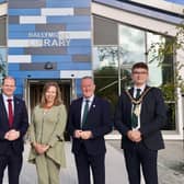 Pictured at the opening of the refurbished Ballymoney Library are (from left) Libraries NI Chief Executive Dr Jim O’Hagan, Gordon Lyons, Communities Minister,  Bonnie Anley, Chairperson of Libraries NI, Conor Murphy, Economy Minister and Mayor Ciarán McQuillan. CREDIT DfC