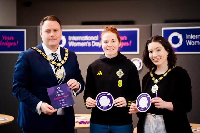 The Mayor and Deputy Mayor of Antrim and Newtownabbey with Marissa Callaghan, NI Women's Football.