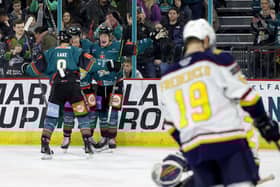 Belfast Giants' #91 Henrik Eriksson celebrates his first goal as Giant against the Guildford Flames