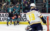 Belfast Giants' #91 Henrik Eriksson celebrates his first goal as Giant against the Guildford Flames