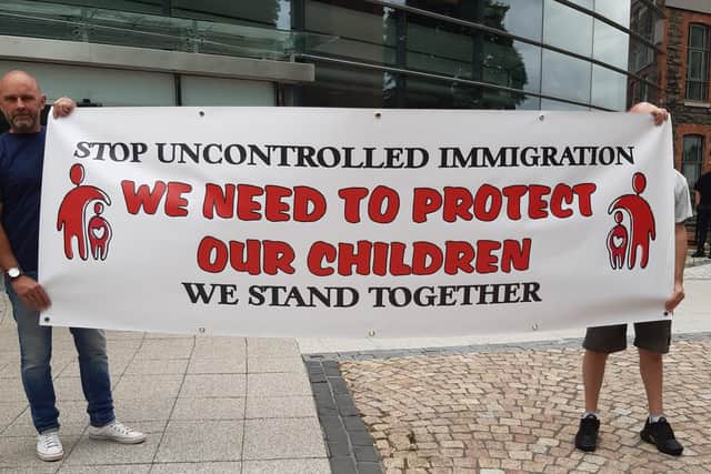 A banner was unfurled before the council meeting by a group calling itself ‘Concerned Parents of Newtownabbey’. Photo Local Democracy Reporting Service