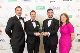 Pictured receiving the award for Sustainable Medium Business of the Year at the PwC Business Post Sustainable Business Awards  are, from left, Cristian Fierastrau, Operations Manager, Killeavy Castle Estate; Lorcan Allen, Business Editor, Business Post; Matthew Hynds, General Manager, Killeavy Castle Estate and Fidelma Boyce, Assurance Partner, PwC.
