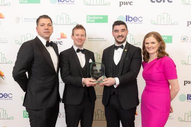 Pictured receiving the award for Sustainable Medium Business of the Year at the PwC Business Post Sustainable Business Awards  are, from left, Cristian Fierastrau, Operations Manager, Killeavy Castle Estate; Lorcan Allen, Business Editor, Business Post; Matthew Hynds, General Manager, Killeavy Castle Estate and Fidelma Boyce, Assurance Partner, PwC.