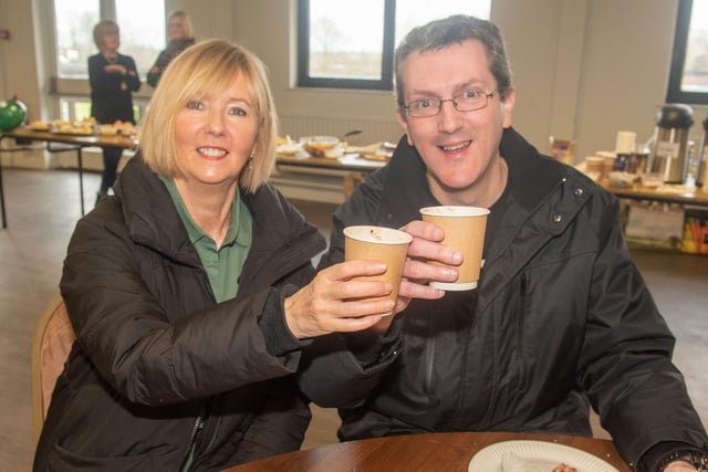 Enjoying a coffee at the Bowel Cancer UK coffee morning are, Lorraine Brennan and Richard Pollard. PT05=206.