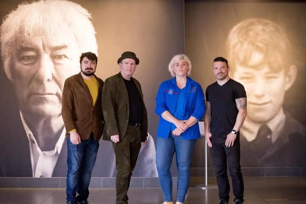 Poets Dean Browne, Dawn Watson and Matthew Rice are pictured at the Seamus Heaney HomePlace with Damian Smyth, Joint Head of Literature and Drama at the Arts Council of Northern Ireland. Credit: NI Arts Council