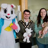 Easter Bunny, Mayor, Cllr Kurtis Dickson, Diane Campbell with baby Isaac. Pic credit: SEHSCT