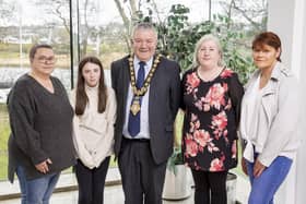 Mayor of Causeway Coast and Glens, Councillor Ivor Wallce with (L-R) Valerie Gage, The Giving Shed vice-chairperson, Orlaith Redmond, Maggie McGuckien, The Giving Shed
founder and Liz McLaughlin, The Giving Shed treasurer
