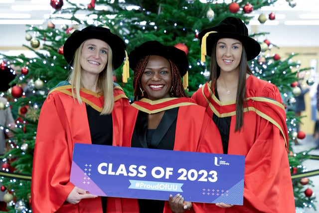 Domain Sara from Italy, Lena Acolatse from Accra Ghana and Lauren Devine from Dungannon graduates with a PHD in Nutrition from the Ulster University Coleraine at the Graduation Winter Ceremony on Wednesday morning.
