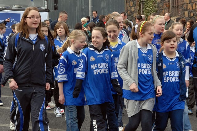 Some of the girls from Clan Na Gael step out in the parade.