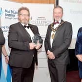 The winner of the Excellence in Innovation Award at the Carrick Business Awards in 2021 was Yelo Ltd. The prize was collected by David Sinclair. Also pictured are Jenny Small, right, VP of Performance and Development Northern Regional College, Mayor, Councillor William McCaughey of principal sponsor Mid & East Antrim Borough Council, Andrena O'Prey, Telesales Manager, Carrick Times. Picture: Tony Hendron