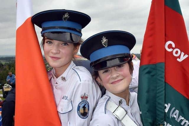 Markethill Protestant Boys Band standard bearers, Jayne Livingstone, left, and Isabelle Lee pictured at the 2022 Co Armagh Twelfth demonstration in Armagh. Picture: Tony Hendron