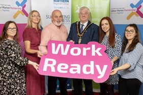 Mayor of Causeway Coast and Glens, Councillor Steven Callaghan pictured at the launch of the Work Ready scheme with Catriona Sweeney, North West Regional College; Marie Donaghy, Northern Regional College; Marc McGerty, Causeway Coast and Glens Labour Market Partnership (LMP) manager and LMP officers Dearbhaile Hutchinson and Chloe Stewart. Credit McAuley Multimedia