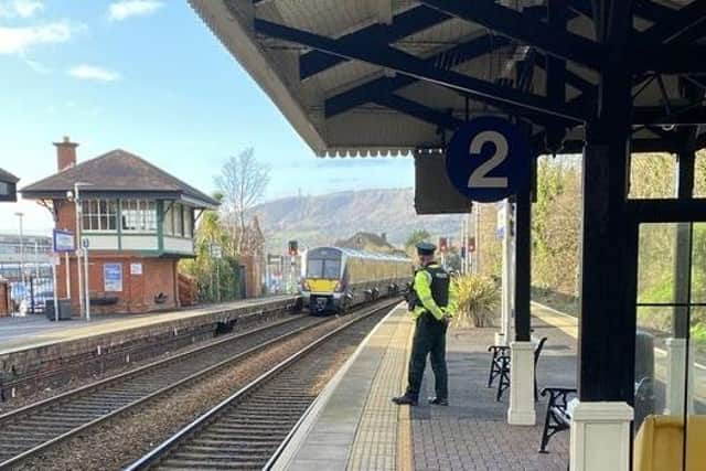 Police carried out patrols on trains between Greenisland and Larne. Photo provided by PSNI