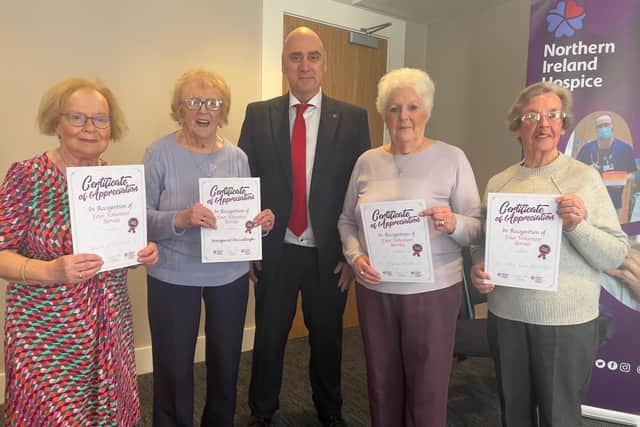Trevor McCartney, Acting Chief Executive of NI Hospice with Portrush volunteers Margaret McCullough, Sadie Jefferson, Irene McNeill and Kay Hutchison.