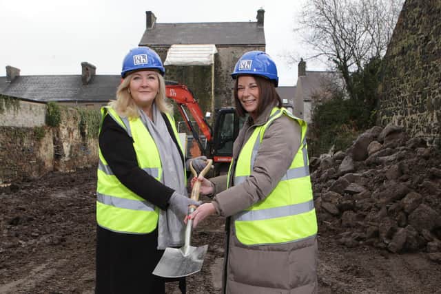 Cutting the first official sod for The Courthouse Shared Space Creative Hub project are (left) Gina McIntyre, CEO, The Special EU Programmes Body and Jayne Taggart, CEO, Enterprise Causeway.01 Court House Sod Cutting