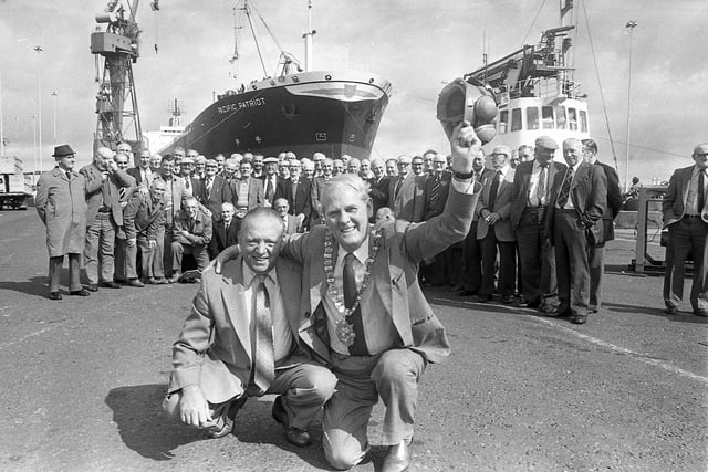 The Lord Mayor of Belfast, councillor Tommy Patton, pictured in September 1982, with Mr Norman Johnston of Tower Street, Newtownards Road, Belfast. They had worked together as boilermakers in the Belfast Shipyard for more than 40 years. Retired boilermakers had visited the shipyard and were entertained to lunch by the Steelworkers and Shop Stewards Social Committee. Pictures: News Letter archives