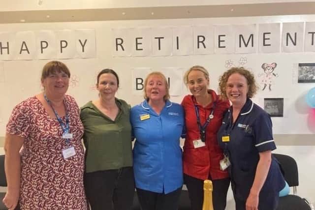 Barbara Jayne with her midwifery colleagues. Pic credit: SEHSCT