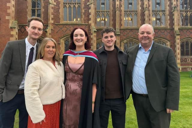 Caoimhe recently graduated from Queen’s University with a Masters in Public Health. She is pictured with her family on graduation day.