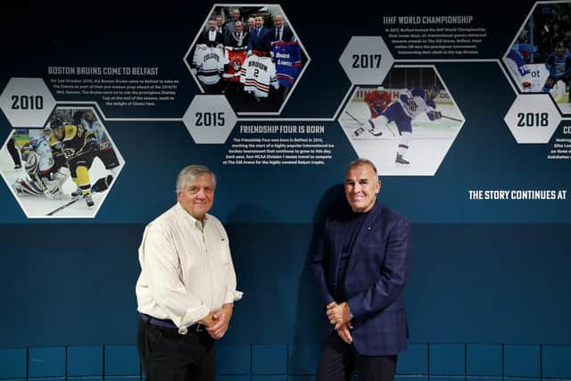 The Odyssey Trust has announced the continuation of the Friendship Four men’s college ice hockey tournament into 2024, in conjunction with the official launch of ‘Ring the Bell!’ - a new book centred around the history and legacy of the event. Pictured are Joe Bertagna and Robert Fitzpatrick. Picture: Submitted