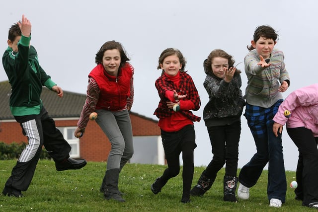 BREAK AN EGG...St. Patrick's Primary School Portrush pupils in action at the Egg Rolling event at the Causeway Bowl for Easter in 2009