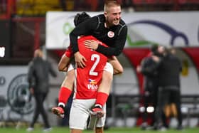 Larne Celebrate an historic night as they qualify for the Confernce League during this evening’s game at Inver Park. Picture: Andrew McCarroll/ Pacemaker Press