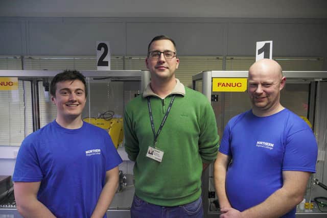 Pictured from left are Northern Regional College engineering students Canaan Carleton and Kyle Davidson, who will be representing the College in Mechatronics at the WorldSkills UK national finals, pictured with Mark Maginty, lecturer at Northern Regional College. Credit: Submitted