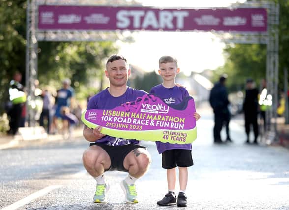 Carl Frampton and his son were ready to take on the Fun Run.  Pic Credit: Lisburn and Castlereagh City Council