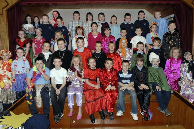 The cast of St Oliver Plunkett's Primary School, Ballyhegan, Key Stage Two Nativity play 'Christmas All Around the World' in 2007 which was performed in the local Community Centre.