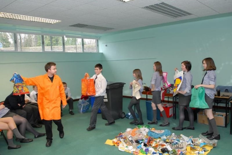 Larne Grammar School pupils taking part in a recycled bag fashion show at the W5 workshop held in Larne Library back in 2007.