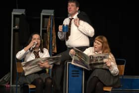 Pictured l to r  during a performance of Teechers are actors Mary McGurk, Chris Robinson and Nuala McGowan. Pic credit: Bruiser Theatre Company