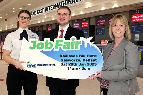 Over 300 jobs are on offer at Belfast International Airport as the airport hosts its biggest ever jobs fair this weekend in Belfast. Pictured left to right are: Paula Turner (Wilson James), Ryan Allsopp (Swissport) and Jaclyn Coulter (HR Manager at Belfast International Airport).
 